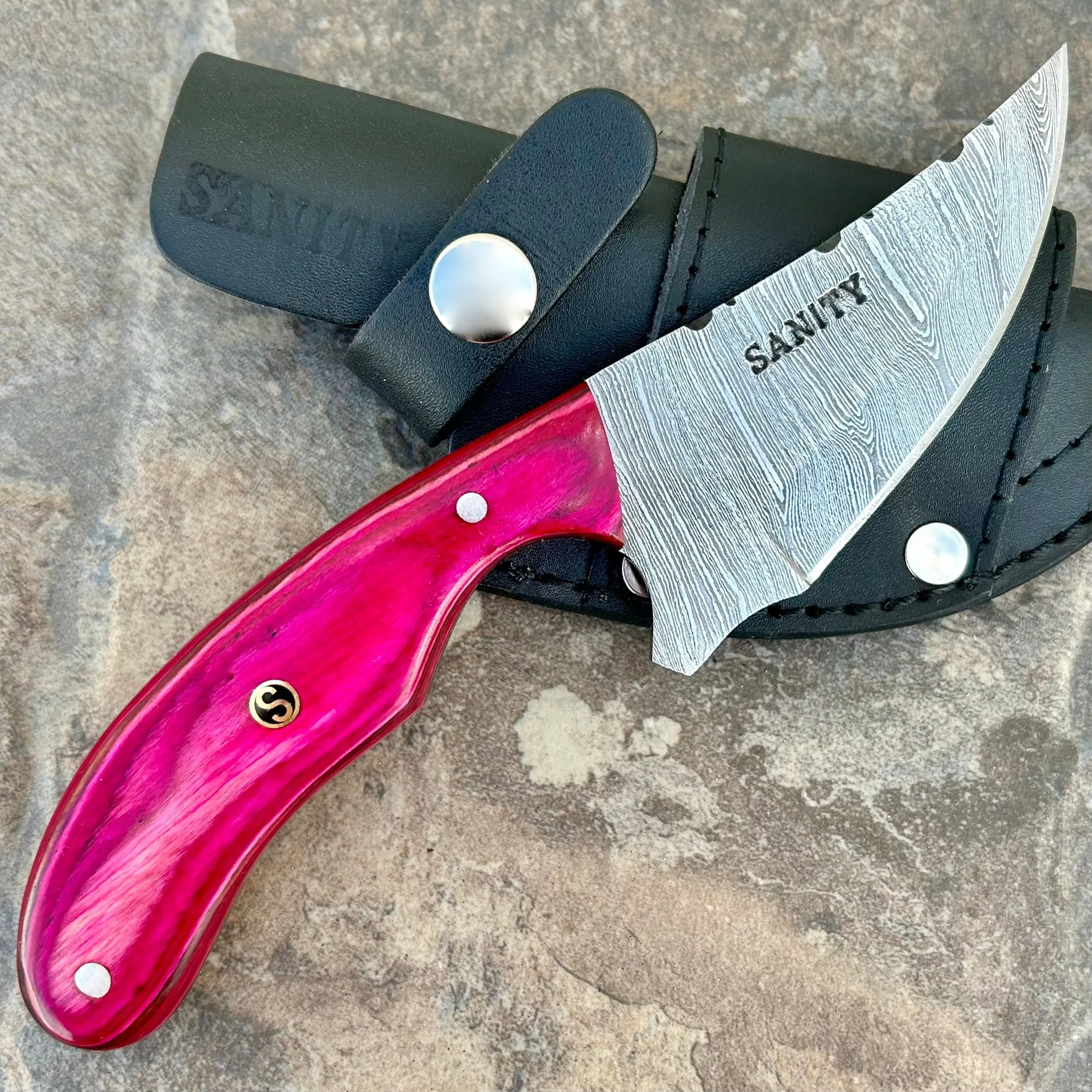 7” Frank James - Pink Wood - Damascus - Horizontal & Vertical Carry - FJ006