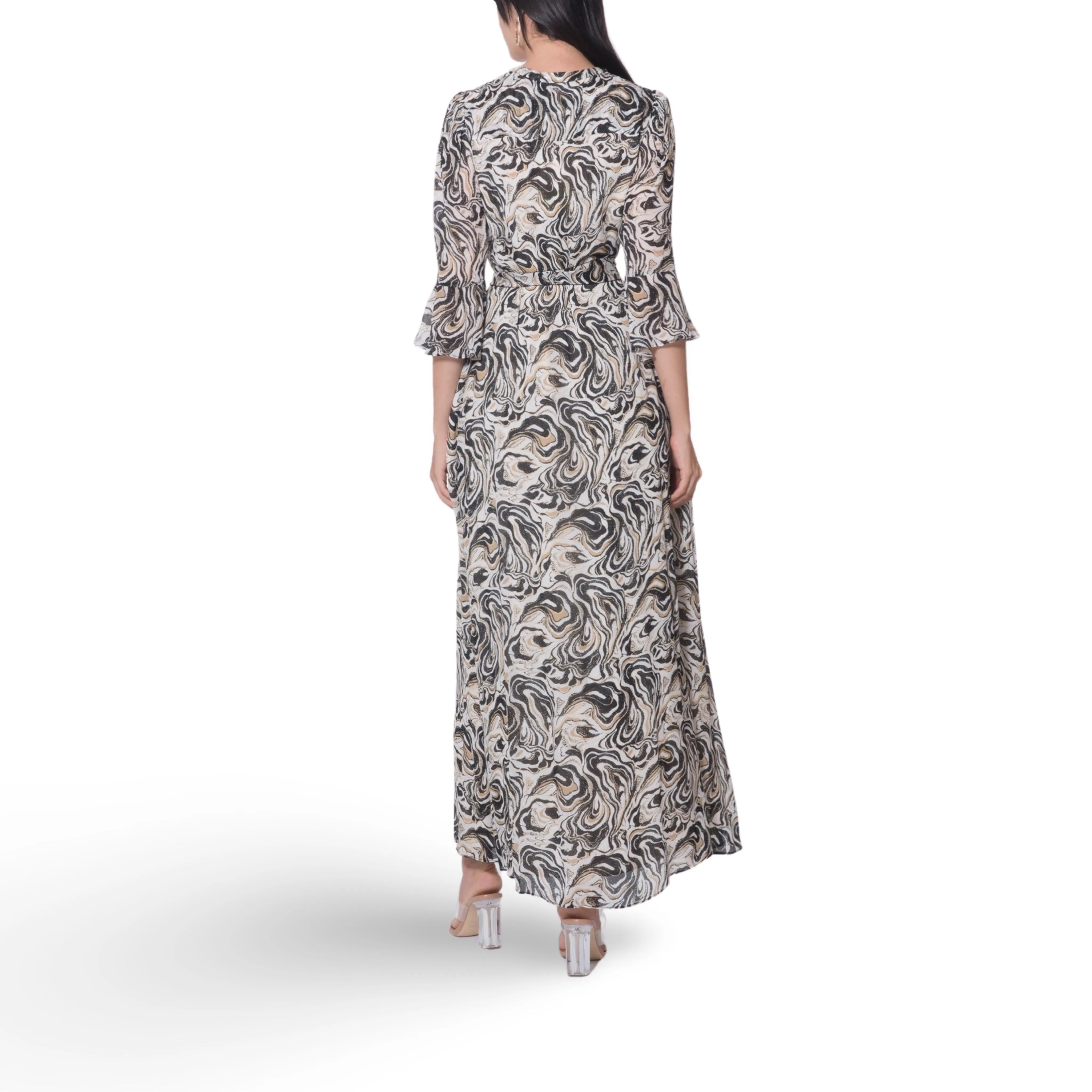 Abstract Print Belted Long Dress