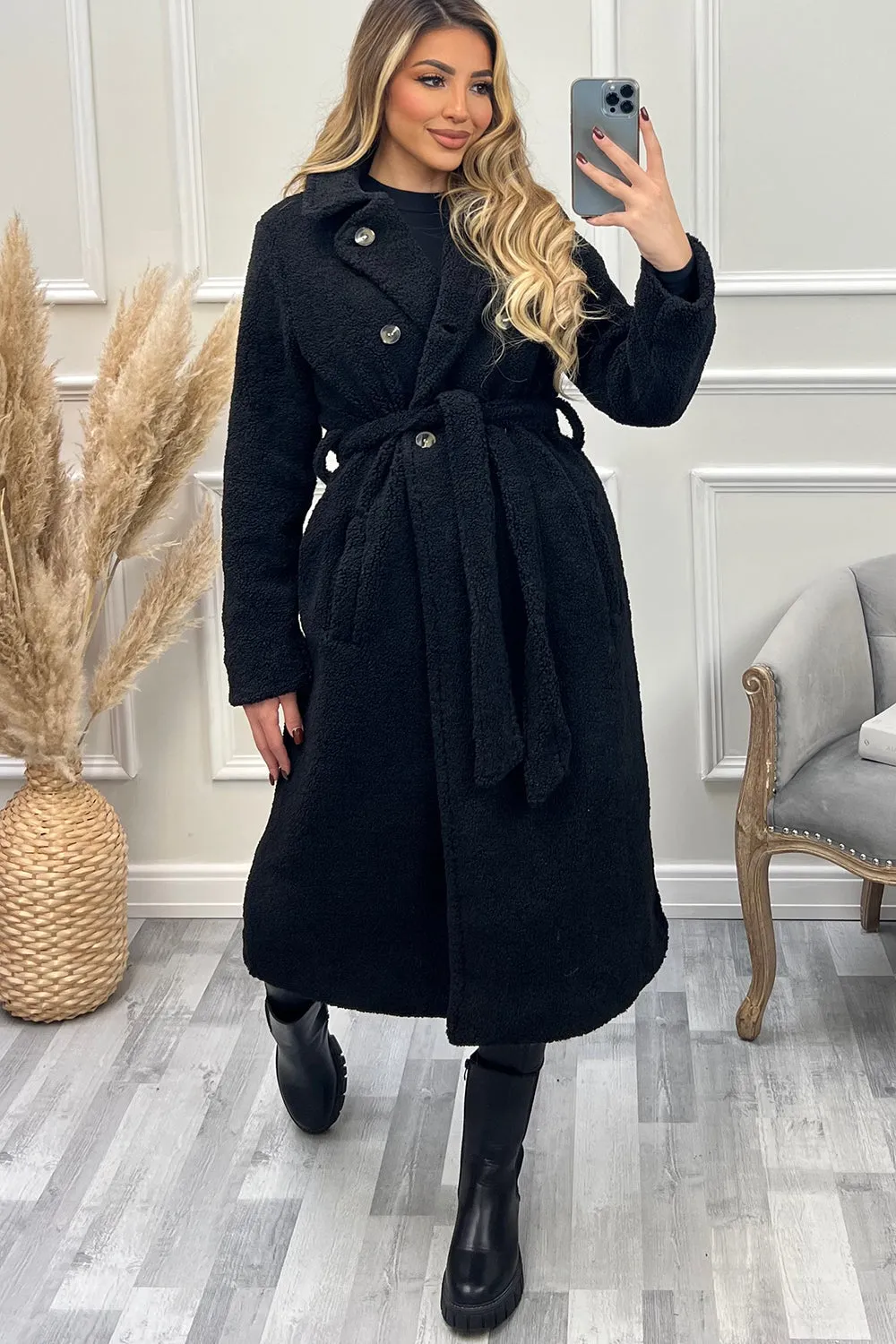 Adele Black Teddy Borg Belted Longline Coat