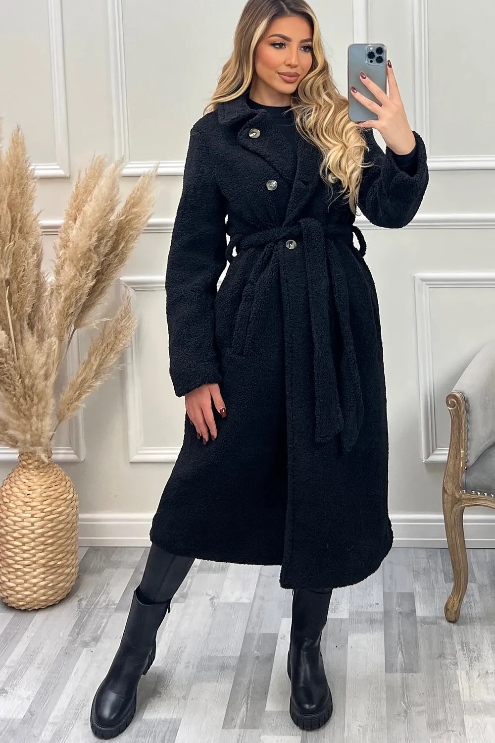 Adele Black Teddy Borg Belted Longline Coat