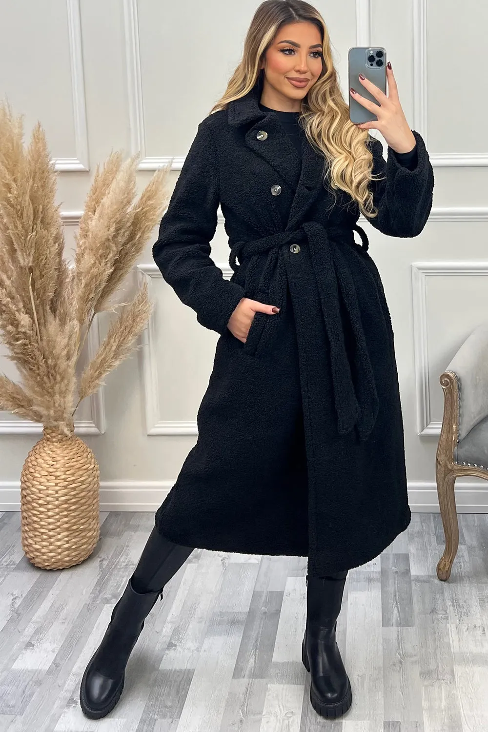 Adele Black Teddy Borg Belted Longline Coat