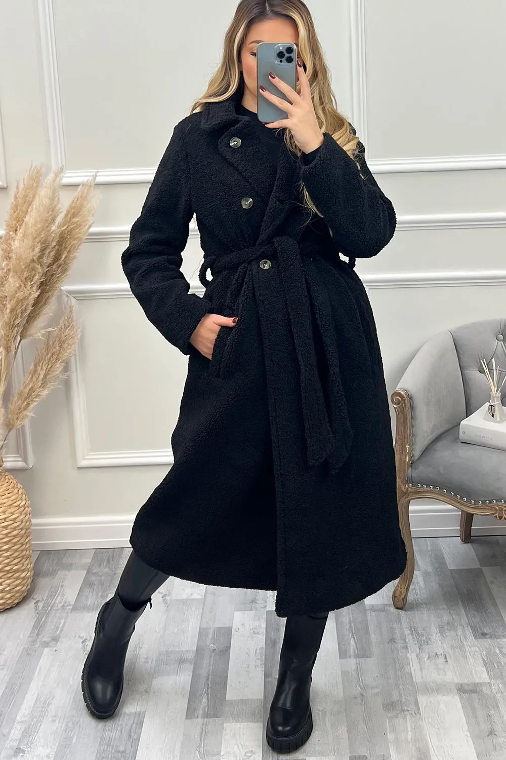 Adele Black Teddy Borg Belted Longline Coat