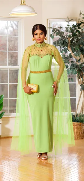 Beaded cape belted maxi dress(LEMON)