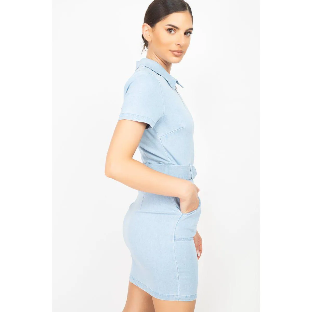 Belted Bodycon Collared Denim Dress