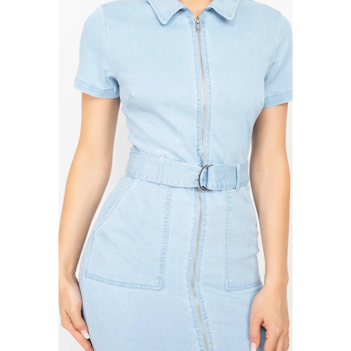 Belted Bodycon Collared Denim Dress