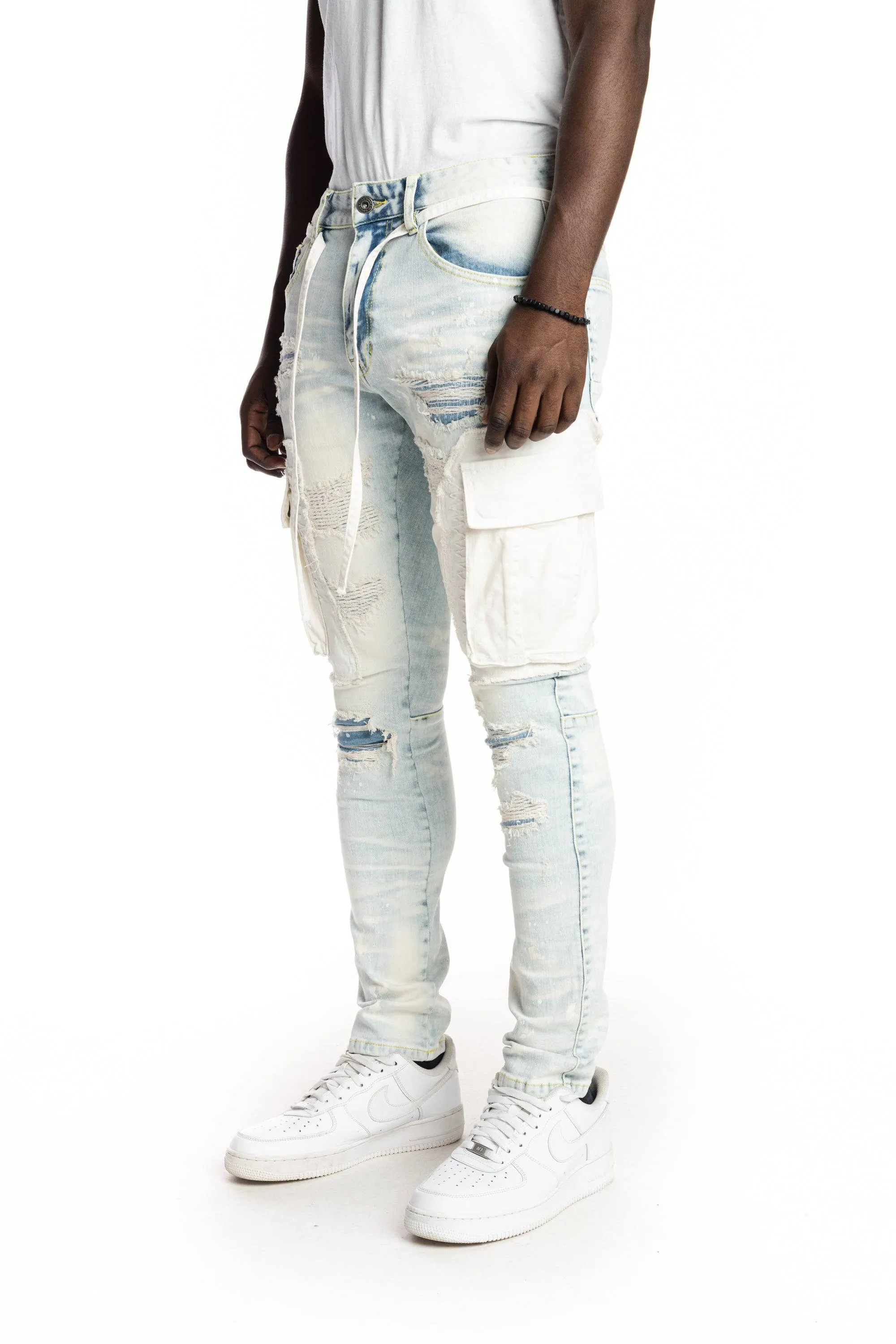 Belted Cargo Fashion Jeans - Plaster Blue