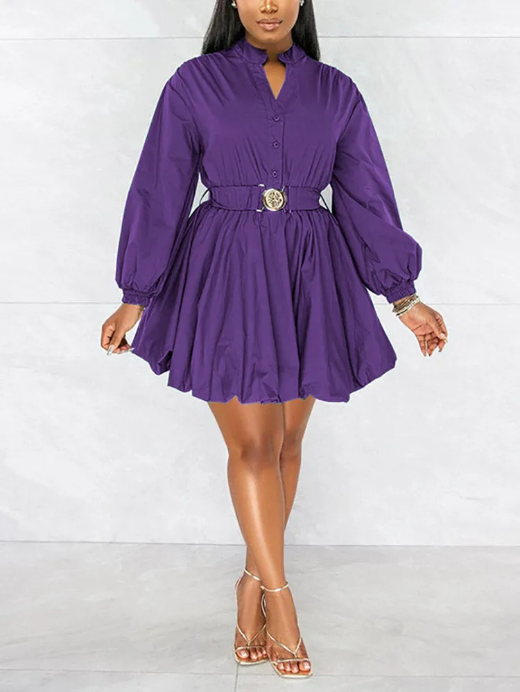 Belted Puffy Sleeve Solid Dress