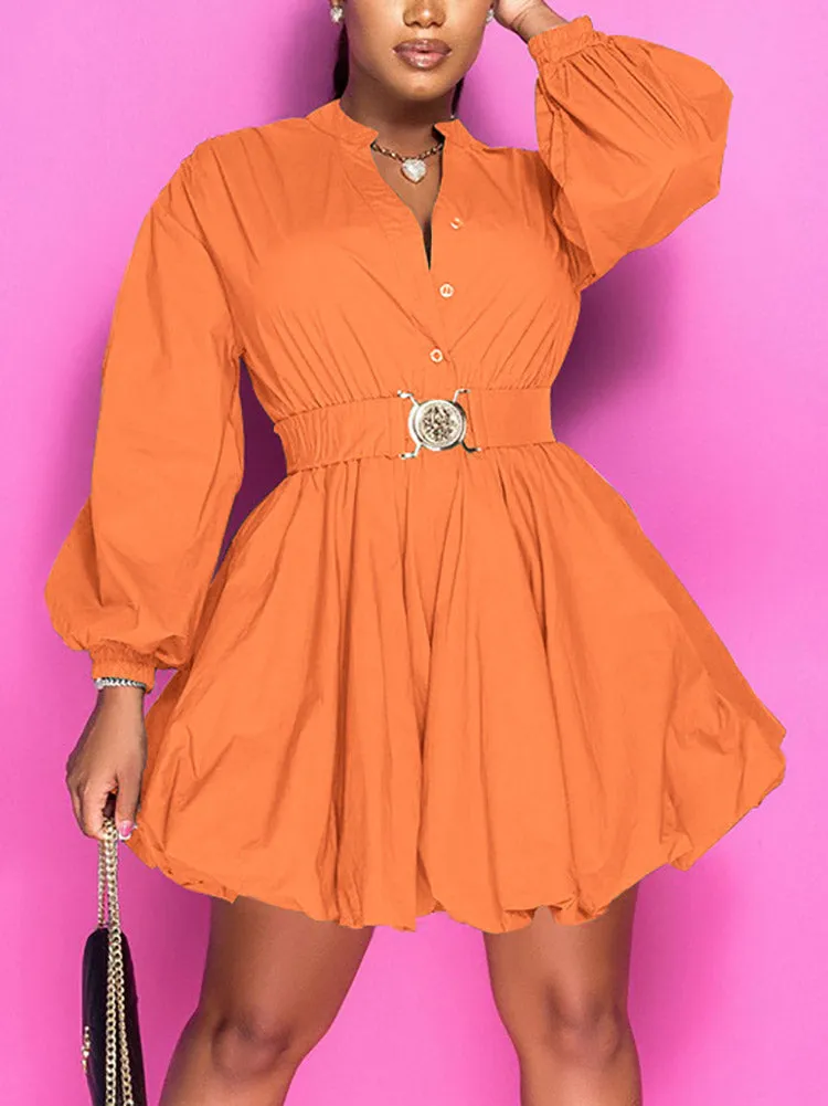 Belted Puffy Sleeve Solid Dress