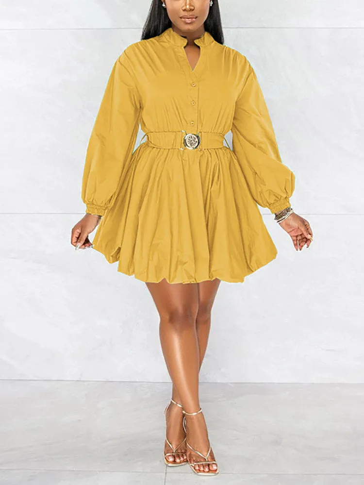 Belted Puffy Sleeve Solid Dress