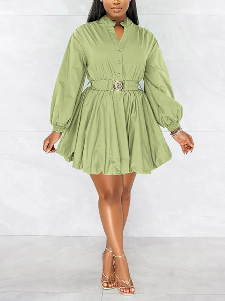 Belted Puffy Sleeve Solid Dress