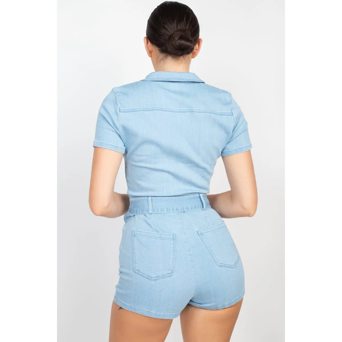 Belted Zip-up Denim Romper