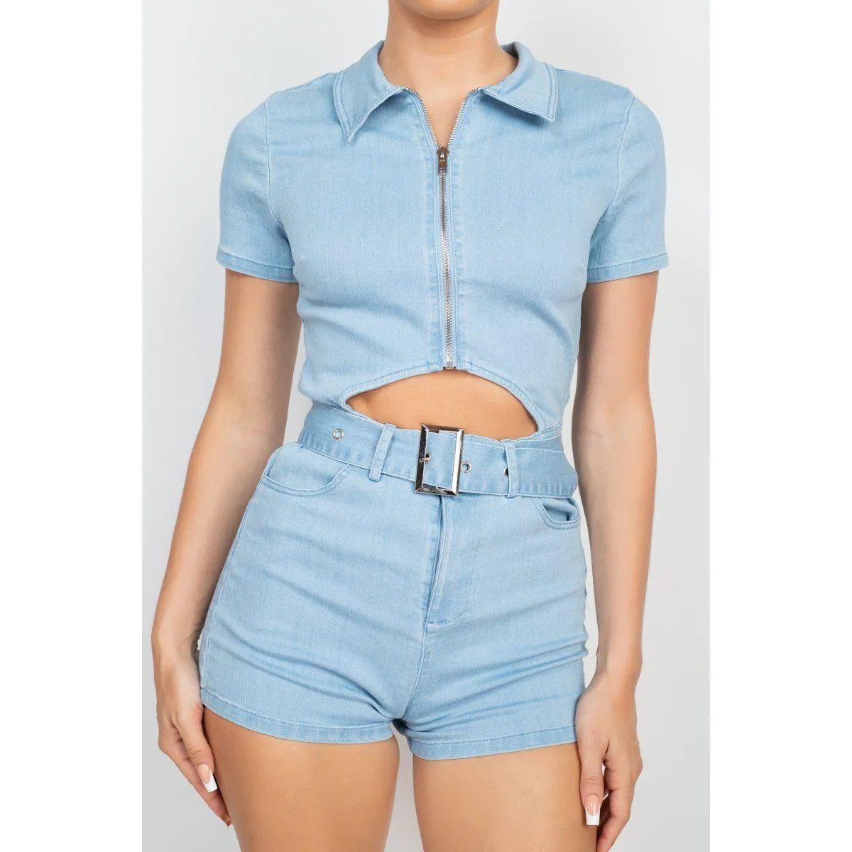 Belted Zip-up Denim Romper