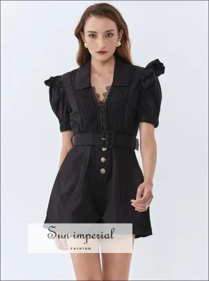 Black Fitted Short Sleeve Belted Romper with Deep V Neckline and Lace Trim detail