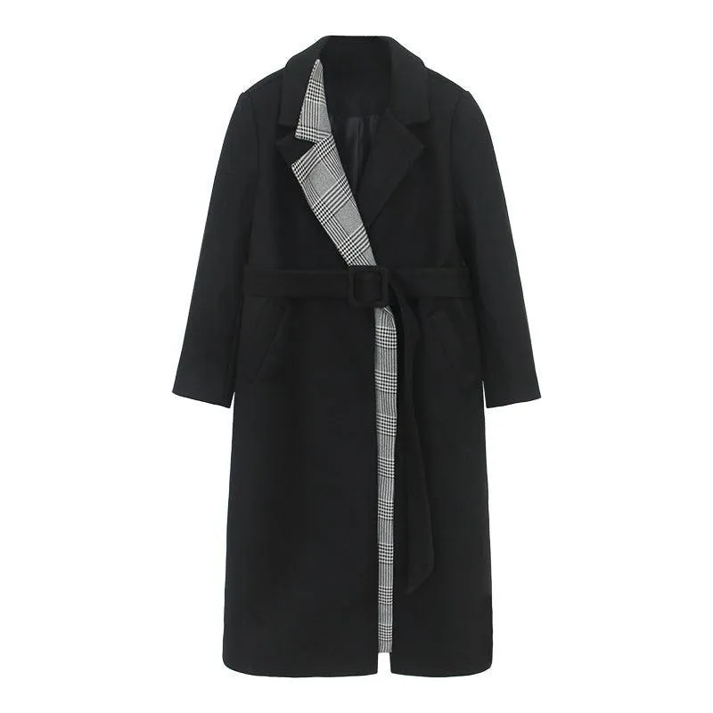 Black Match Plaid Thicken Long Wool Coat