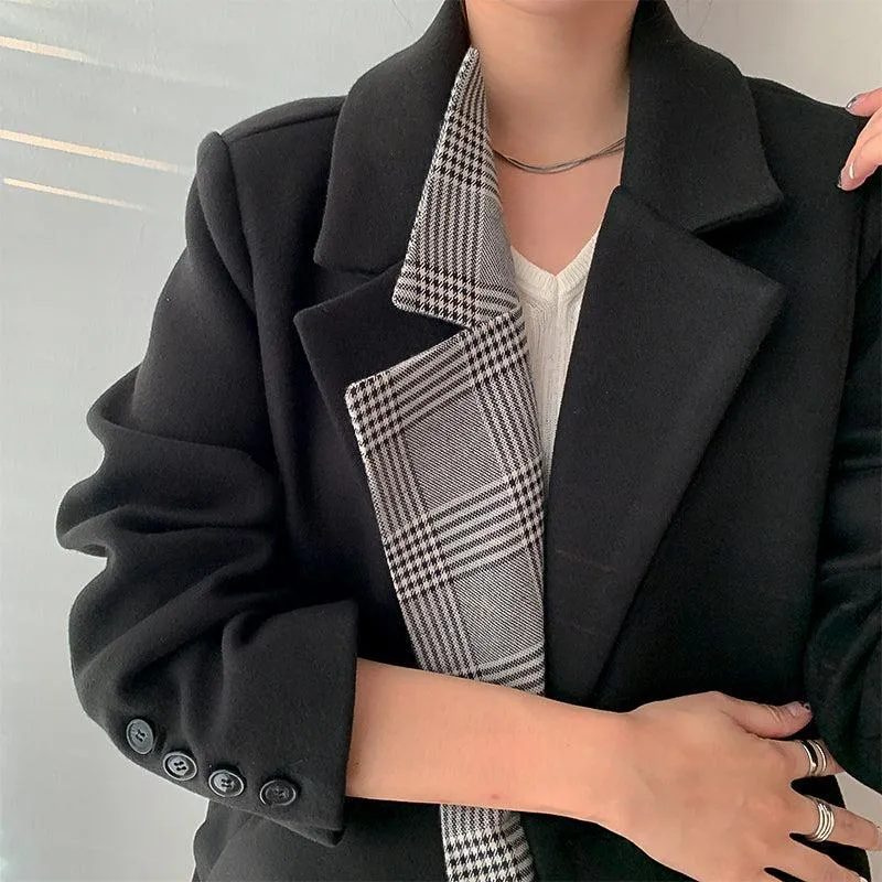 Black Match Plaid Thicken Long Wool Coat