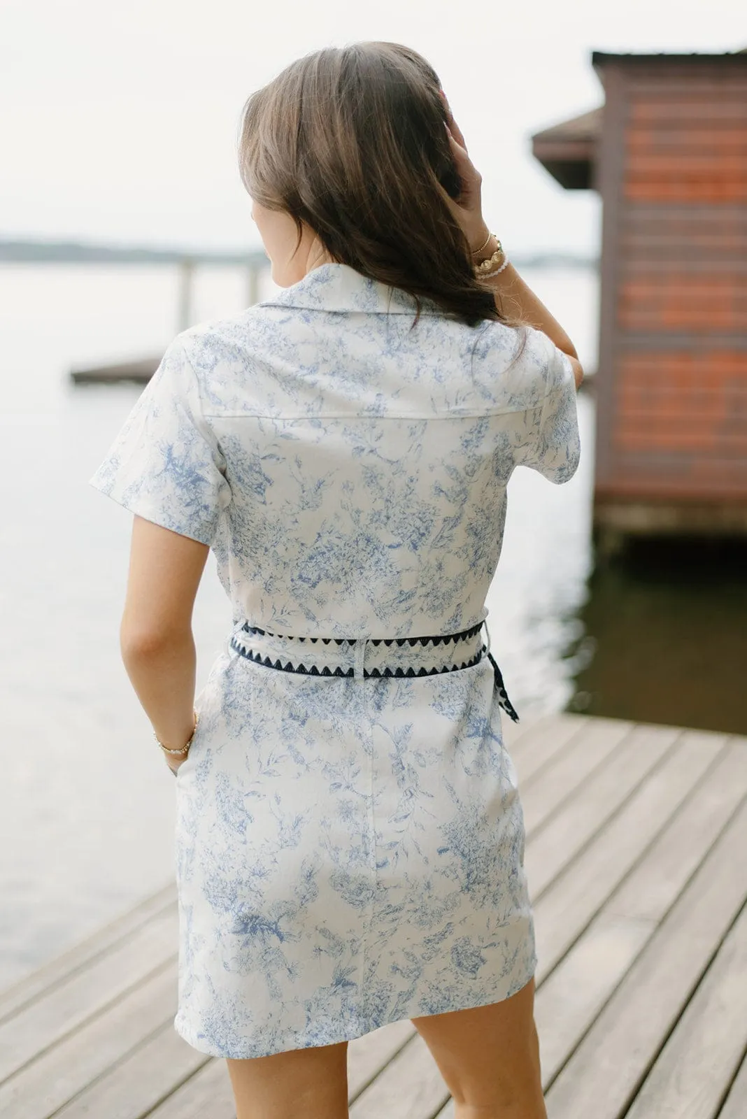 Blue Floral Belted Denim Dress