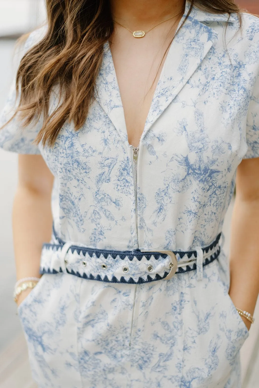 Blue Floral Belted Denim Dress