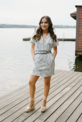 Blue Floral Belted Denim Dress