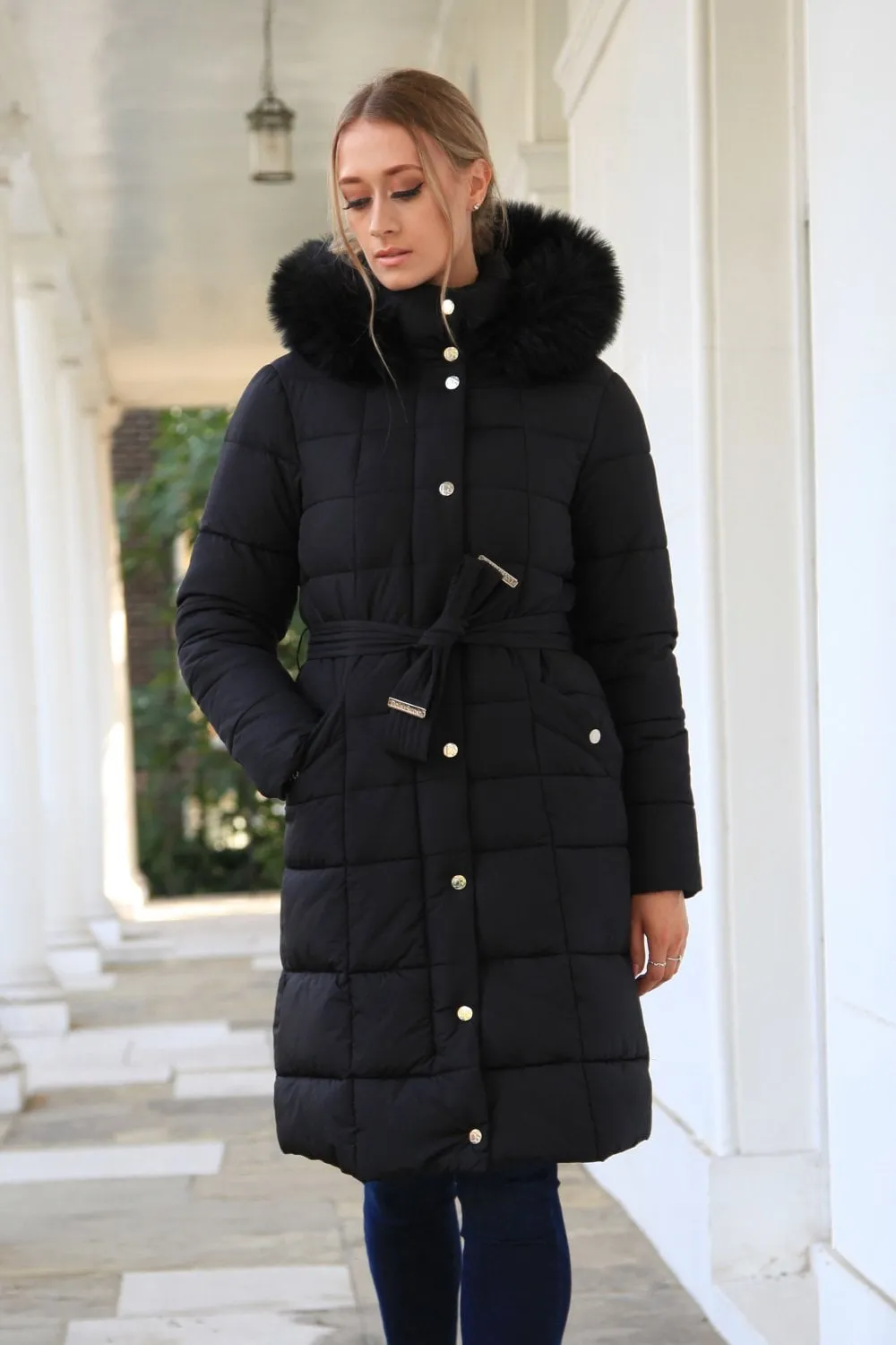 Double Second Black Glam Belted Long Puffer Coat