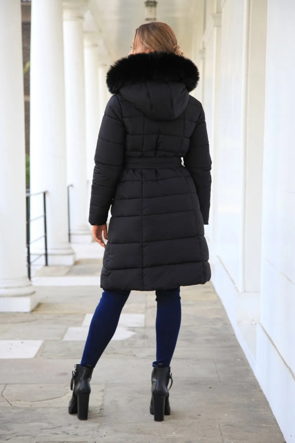 Double Second Black Glam Belted Long Puffer Coat