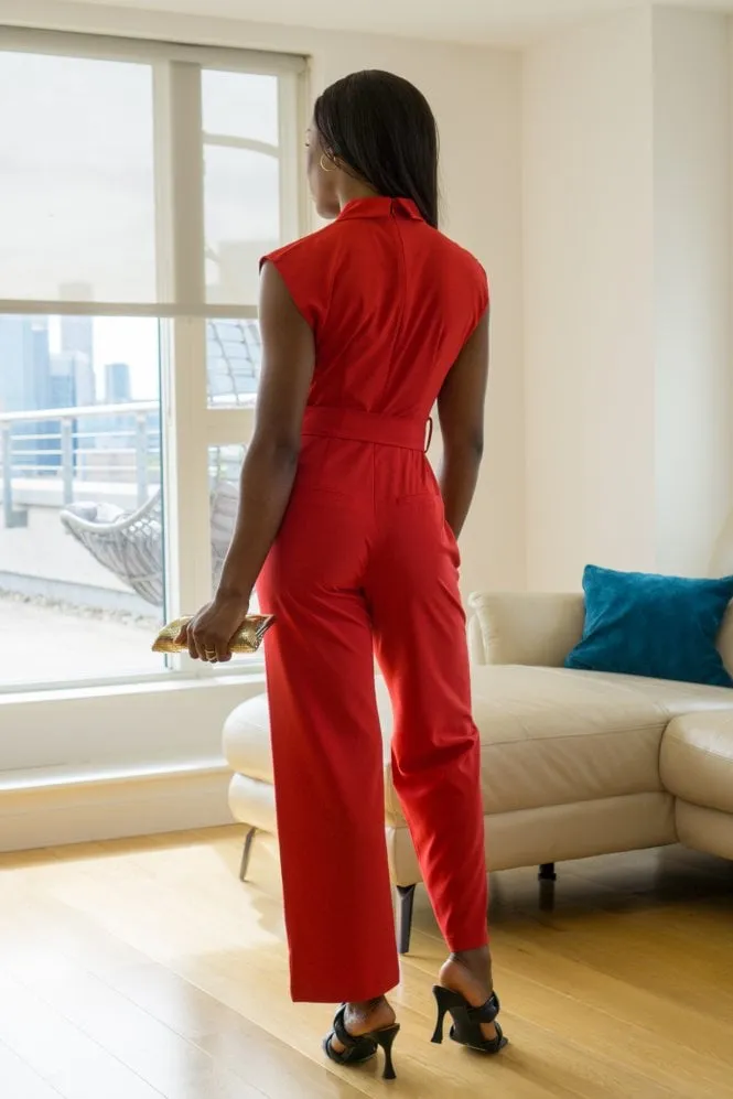 Double Second Red Belted Wrap Jumpsuit