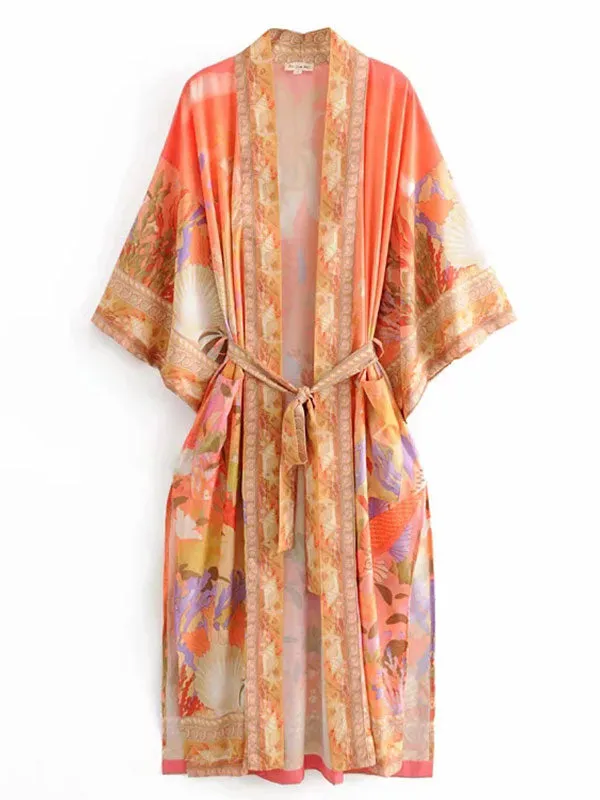 Floral Partywear Cotton Silk Kimono Orange Color Cotton Long Length Gown Robe Kimono