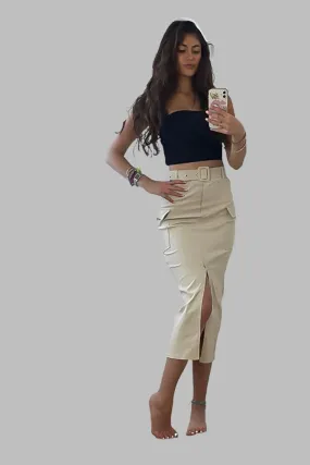 Front Split Midi Belted Cargo Skirt