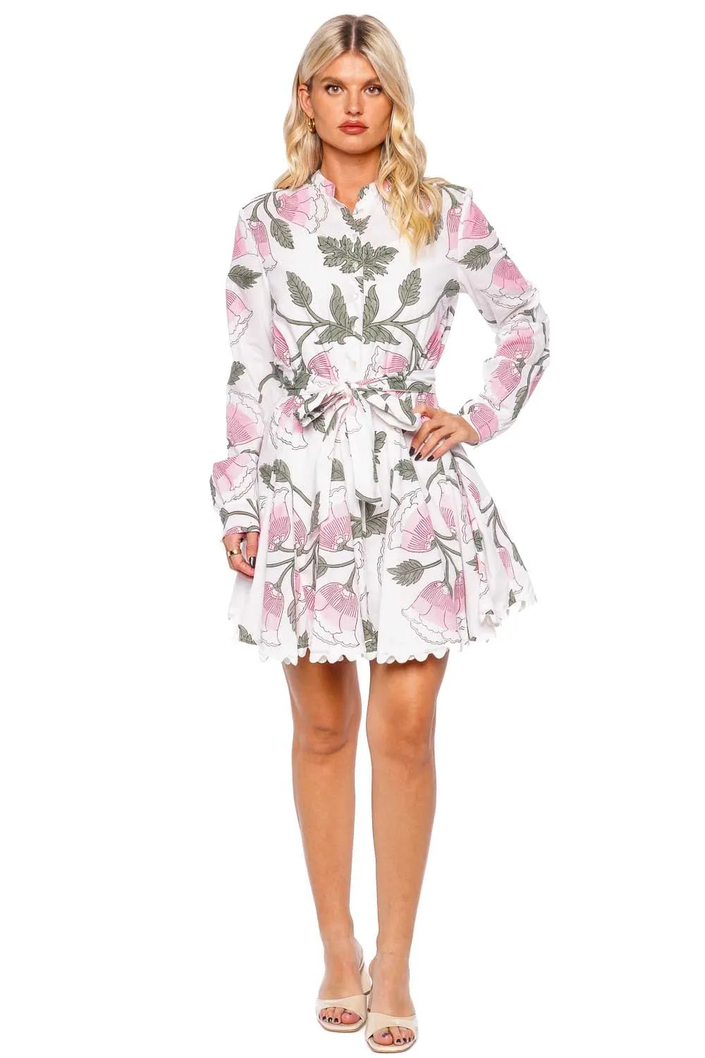 Godet Floral Belted Long Sleeve Mini Dress