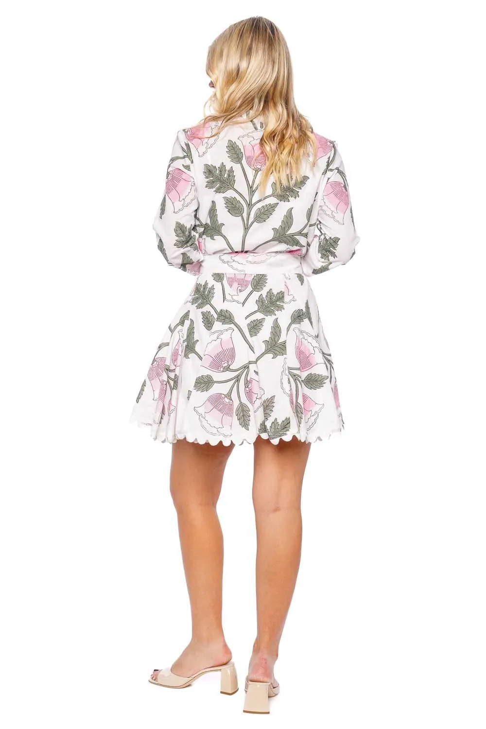 Godet Floral Belted Long Sleeve Mini Dress