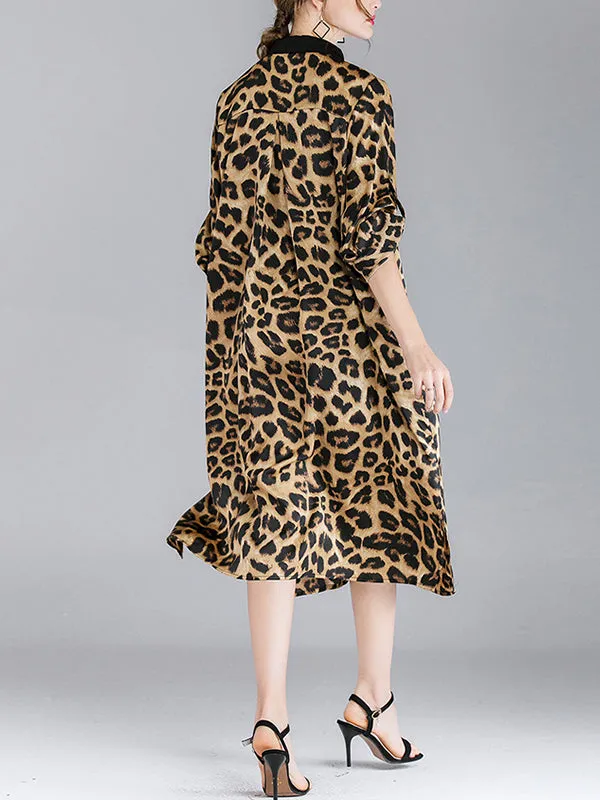 Ivy Vintage Contrasting Lapel Neck Animal Print Buttoned Belted Midi Dress