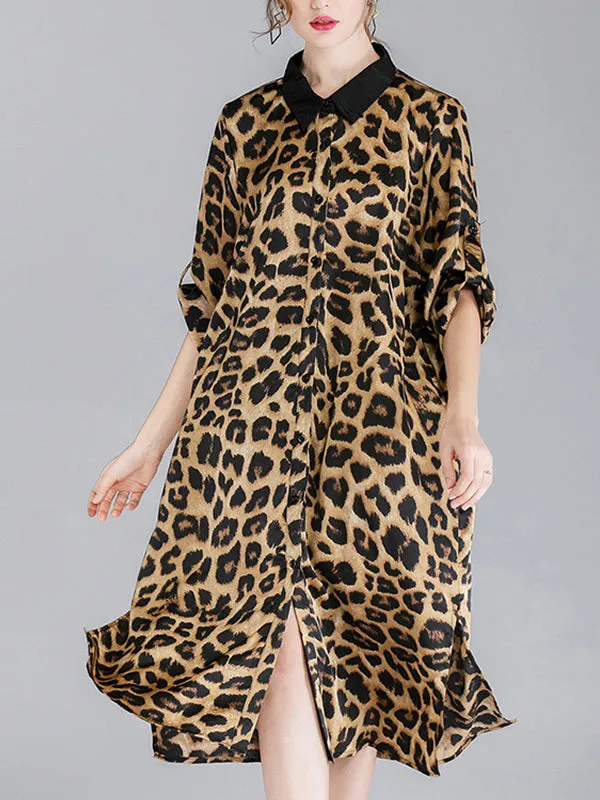 Ivy Vintage Contrasting Lapel Neck Animal Print Buttoned Belted Midi Dress