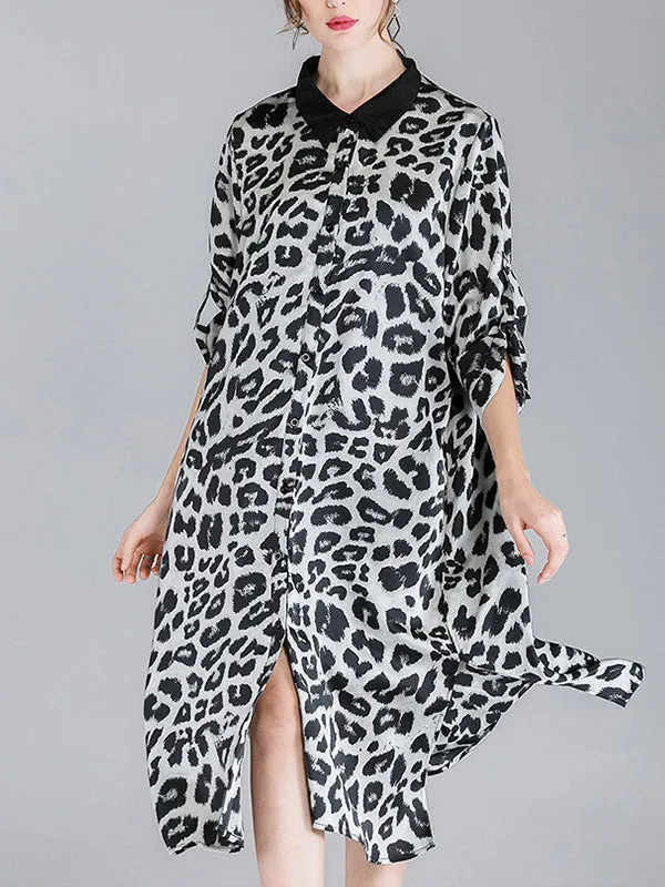 Ivy Vintage Contrasting Lapel Neck Animal Print Buttoned Belted Midi Dress