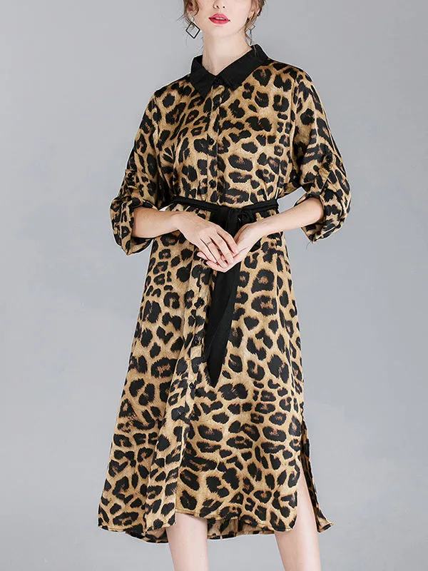 Ivy Vintage Contrasting Lapel Neck Animal Print Buttoned Belted Midi Dress