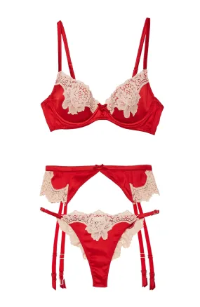 James Lace Bra, Suspender and Brief Set