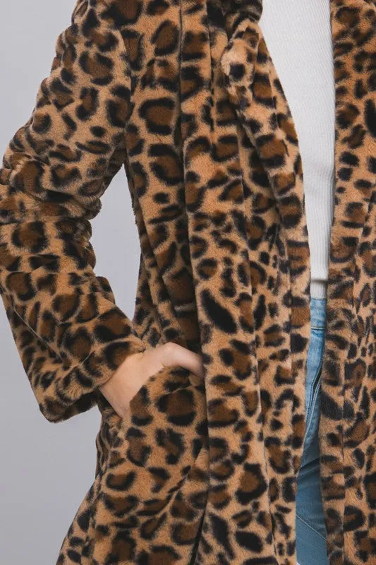 Leopard Print Notch Collar Faux Fur Teddy Coat