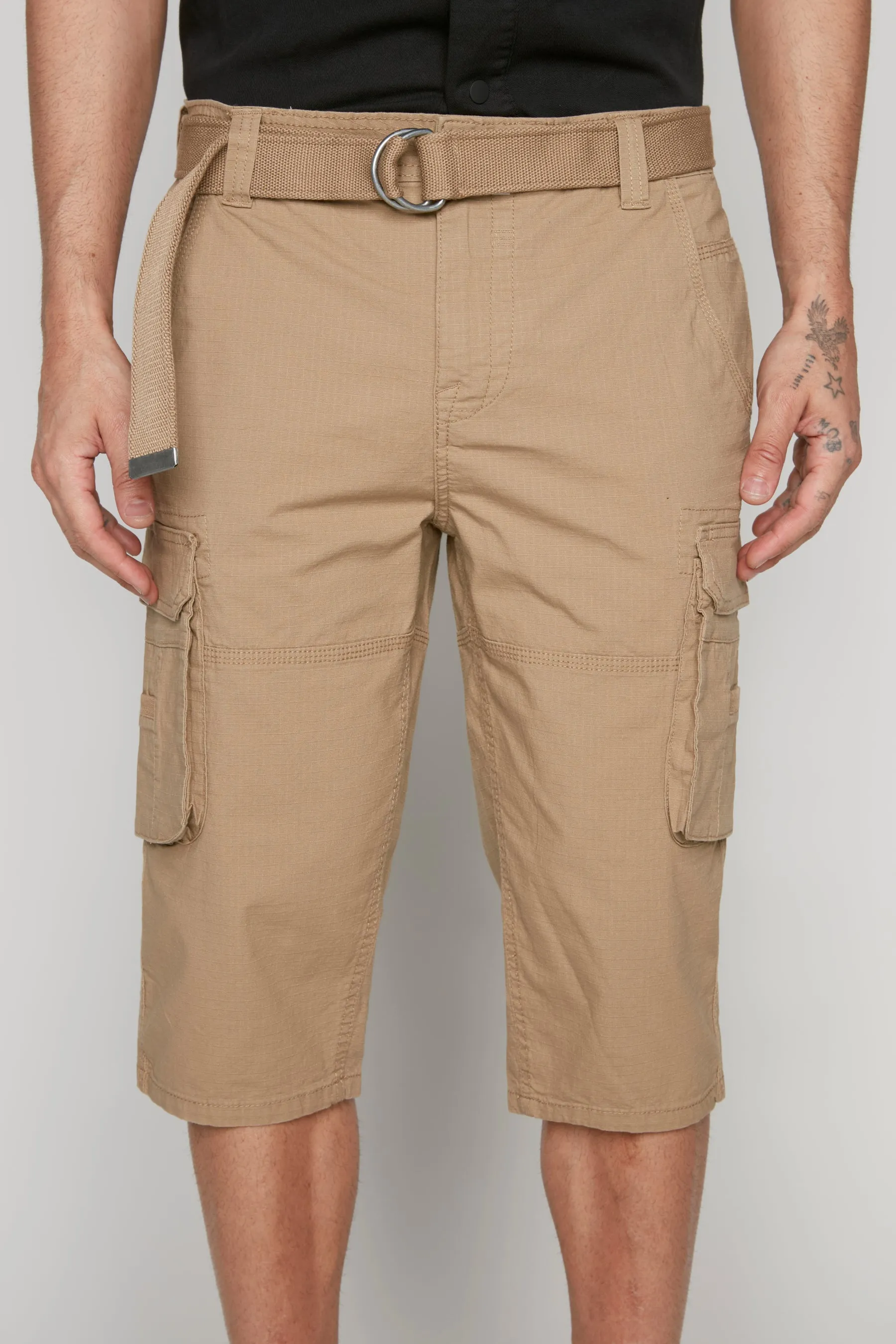 Mens Belted Cargo Capri Ripstop Shorts - Beige