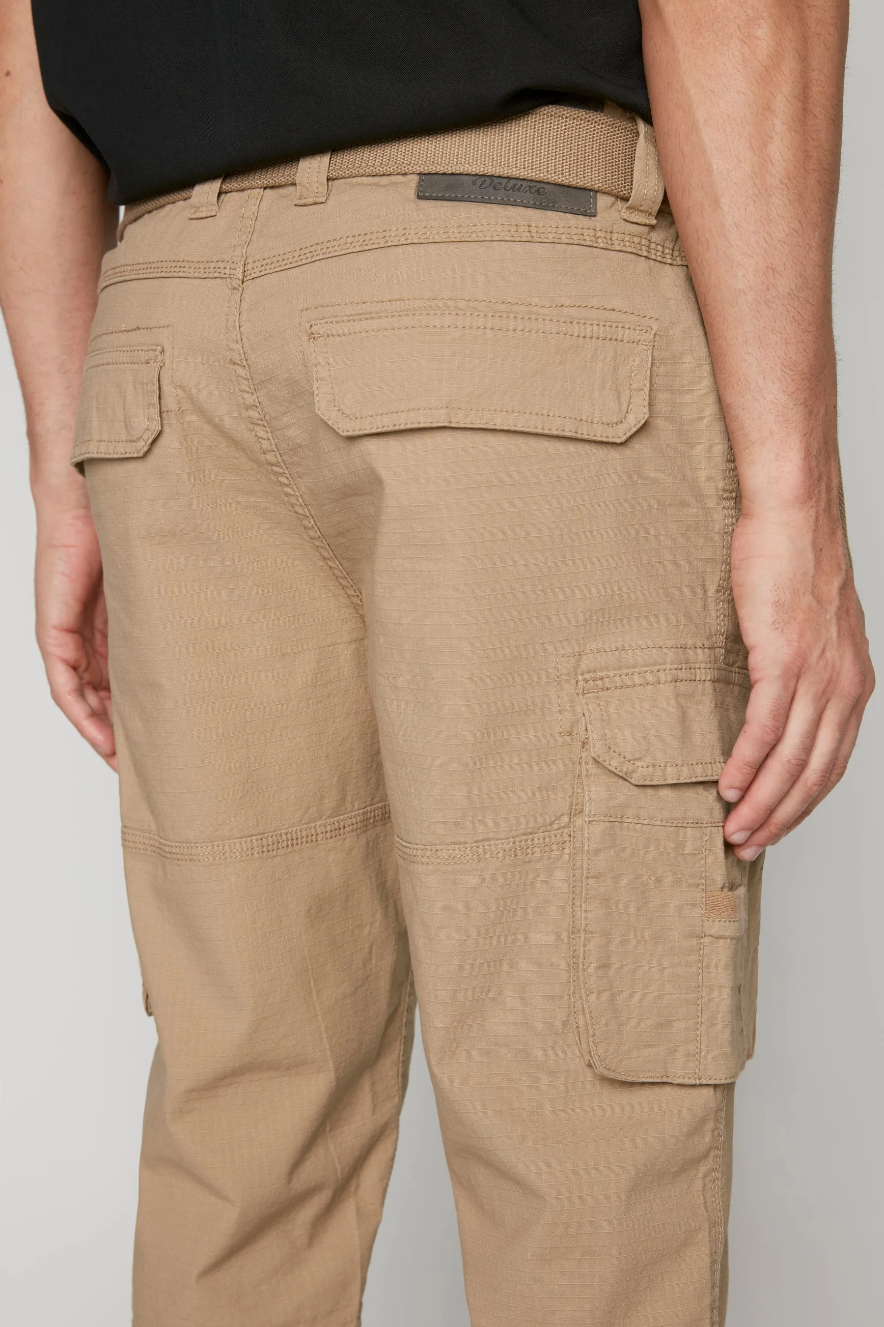 Mens Belted Cargo Capri Ripstop Shorts - Beige