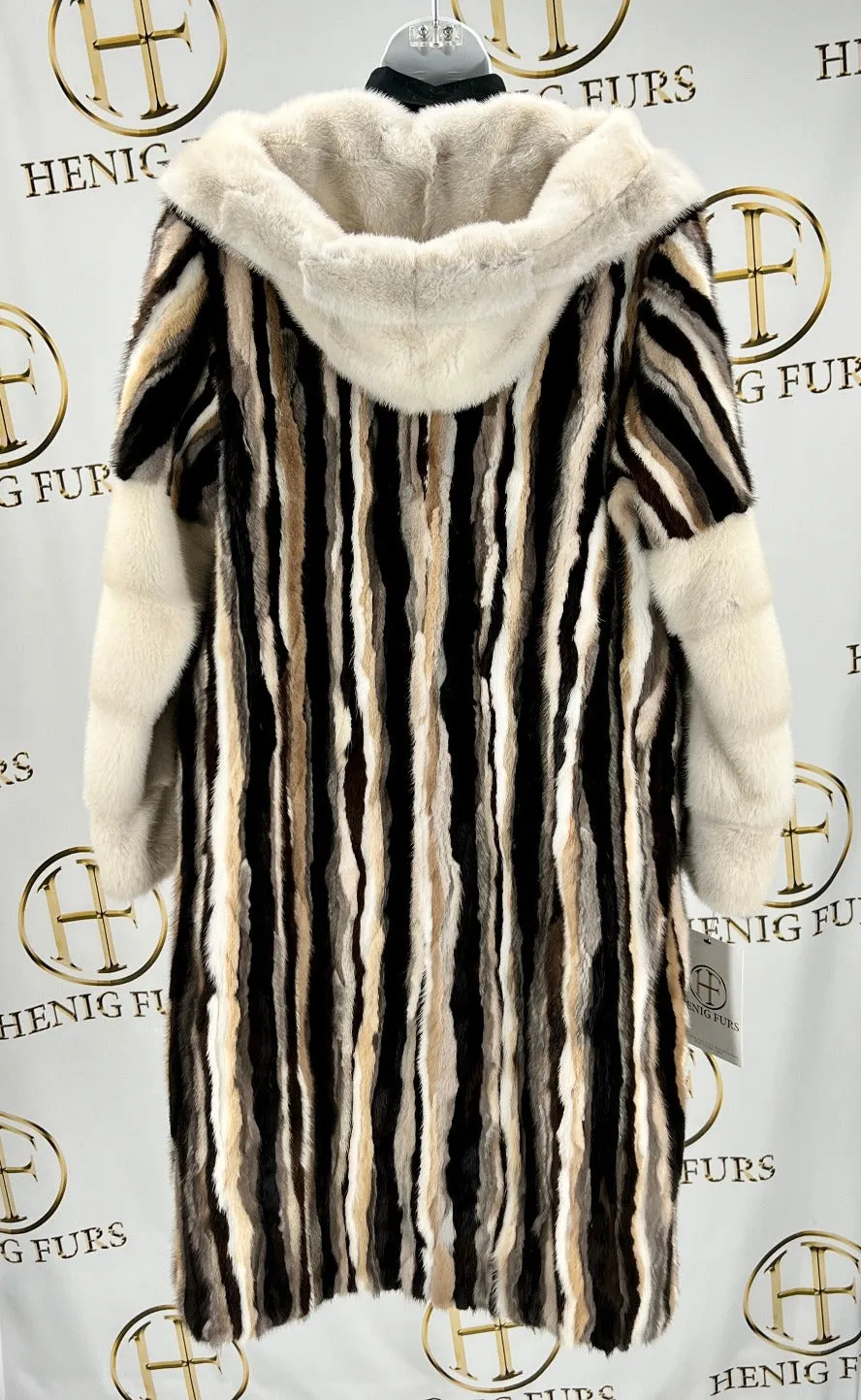 Multicolor Mink Fur Coat with Full Fur Hood