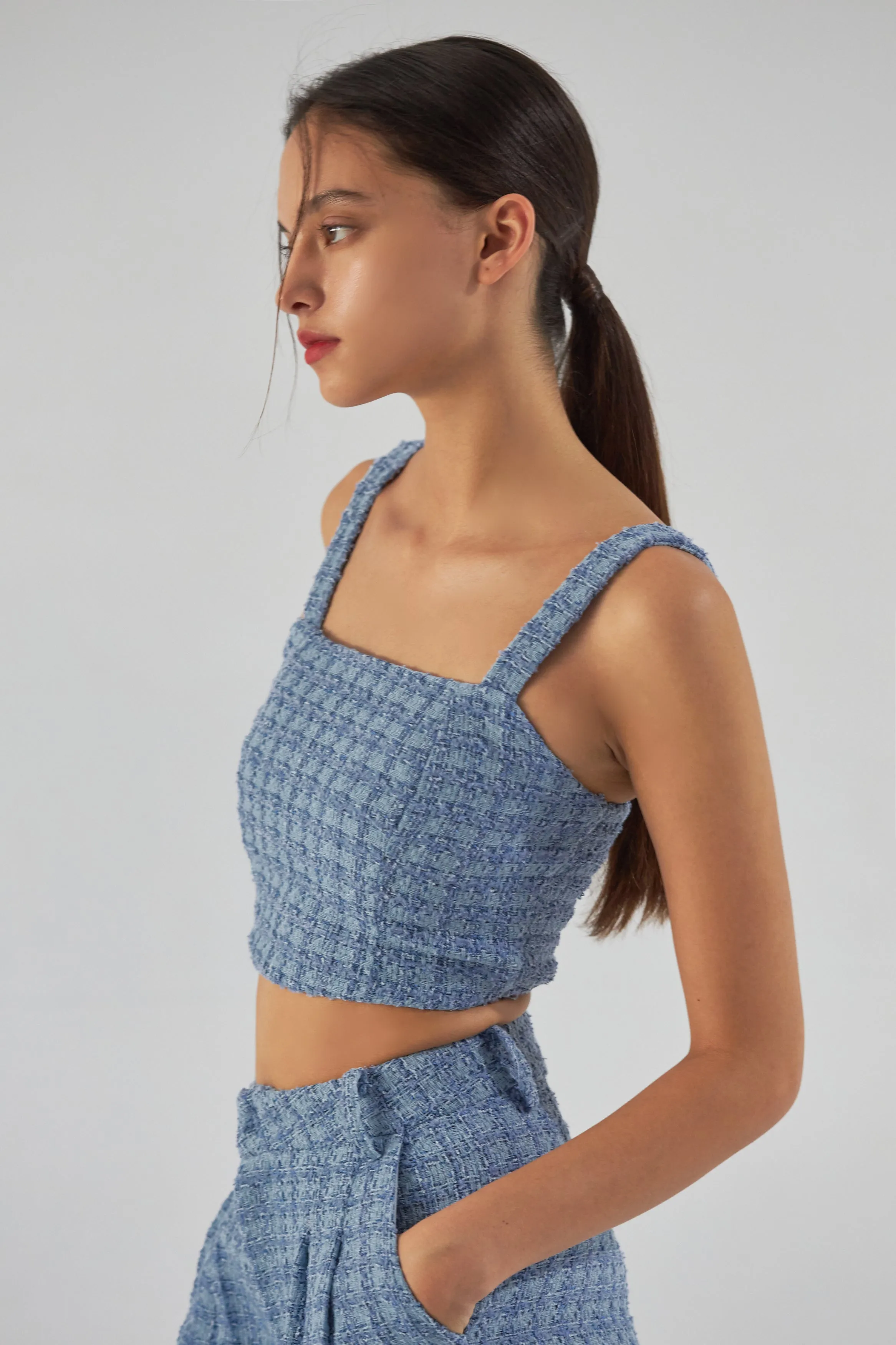 Old money tweed top in blue