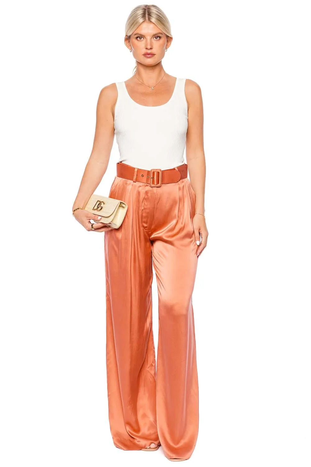 Papaya Silk Tuck Belted Pant