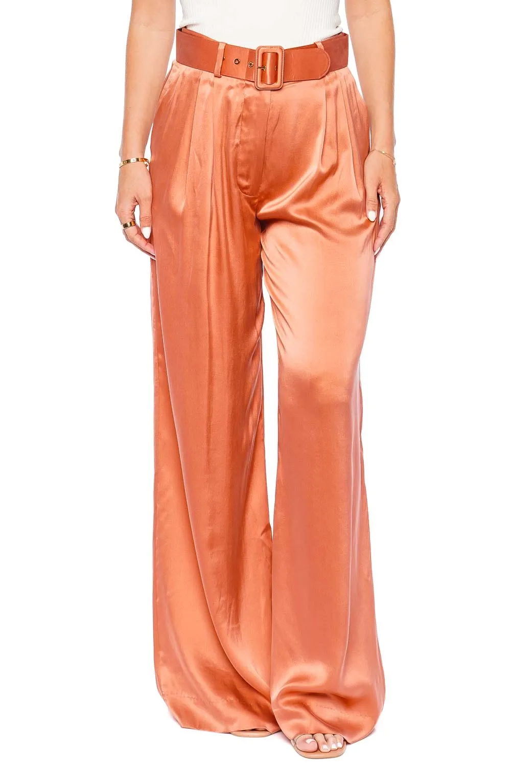 Papaya Silk Tuck Belted Pant