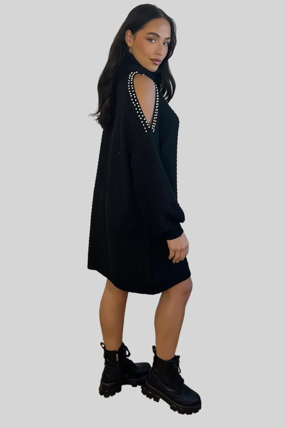 Pearls Embellished Cold Shoulder Belted Knitted Dress