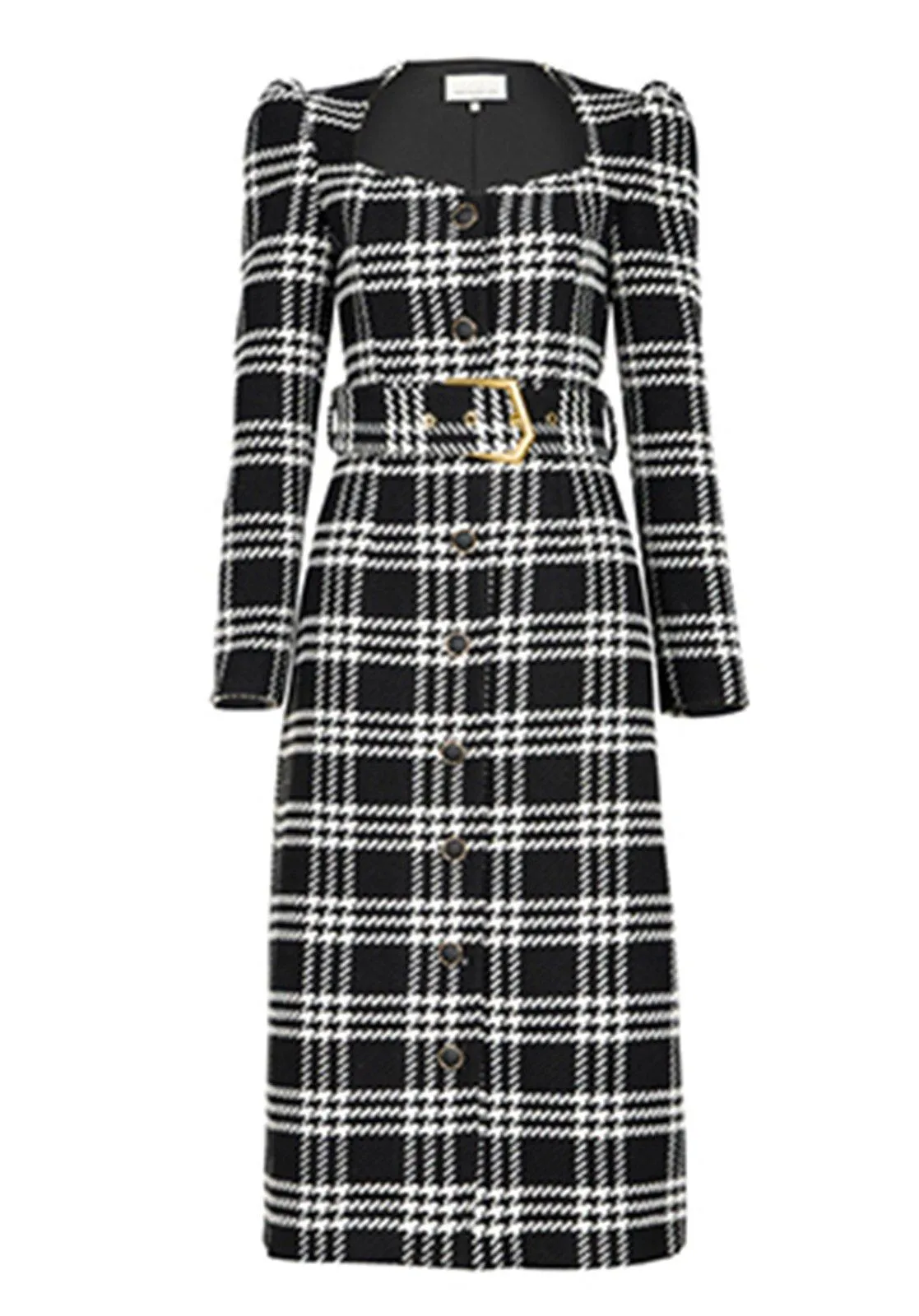 Plaid Square Neck Belted Button Wool Blend Dress Coat