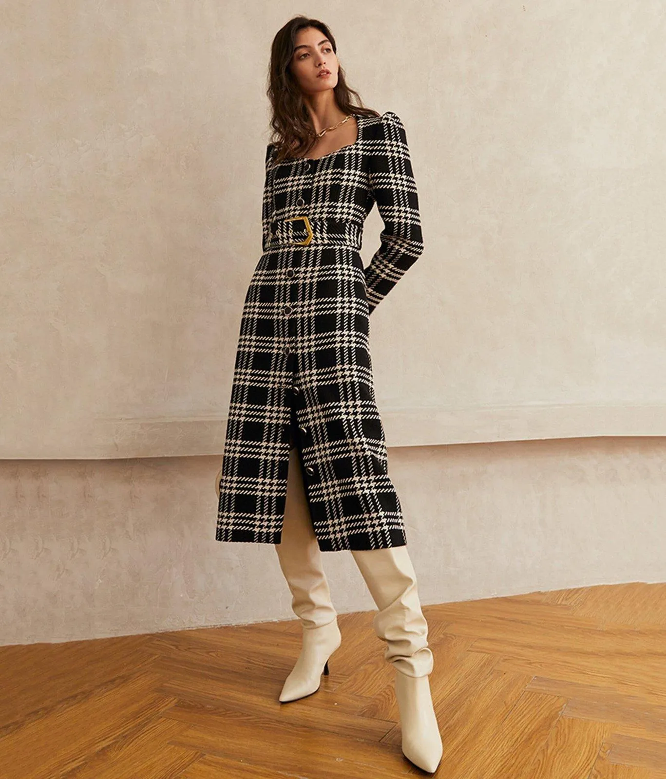 Plaid Square Neck Belted Button Wool Blend Dress Coat