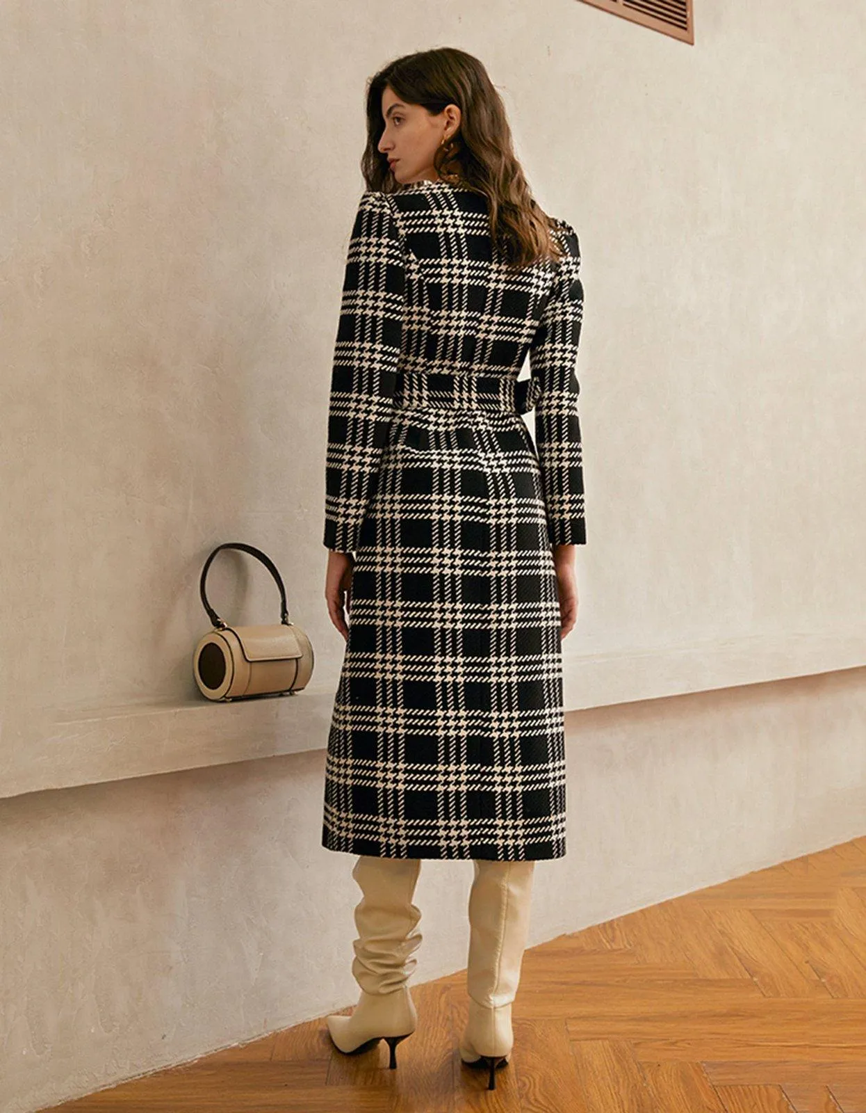 Plaid Square Neck Belted Button Wool Blend Dress Coat