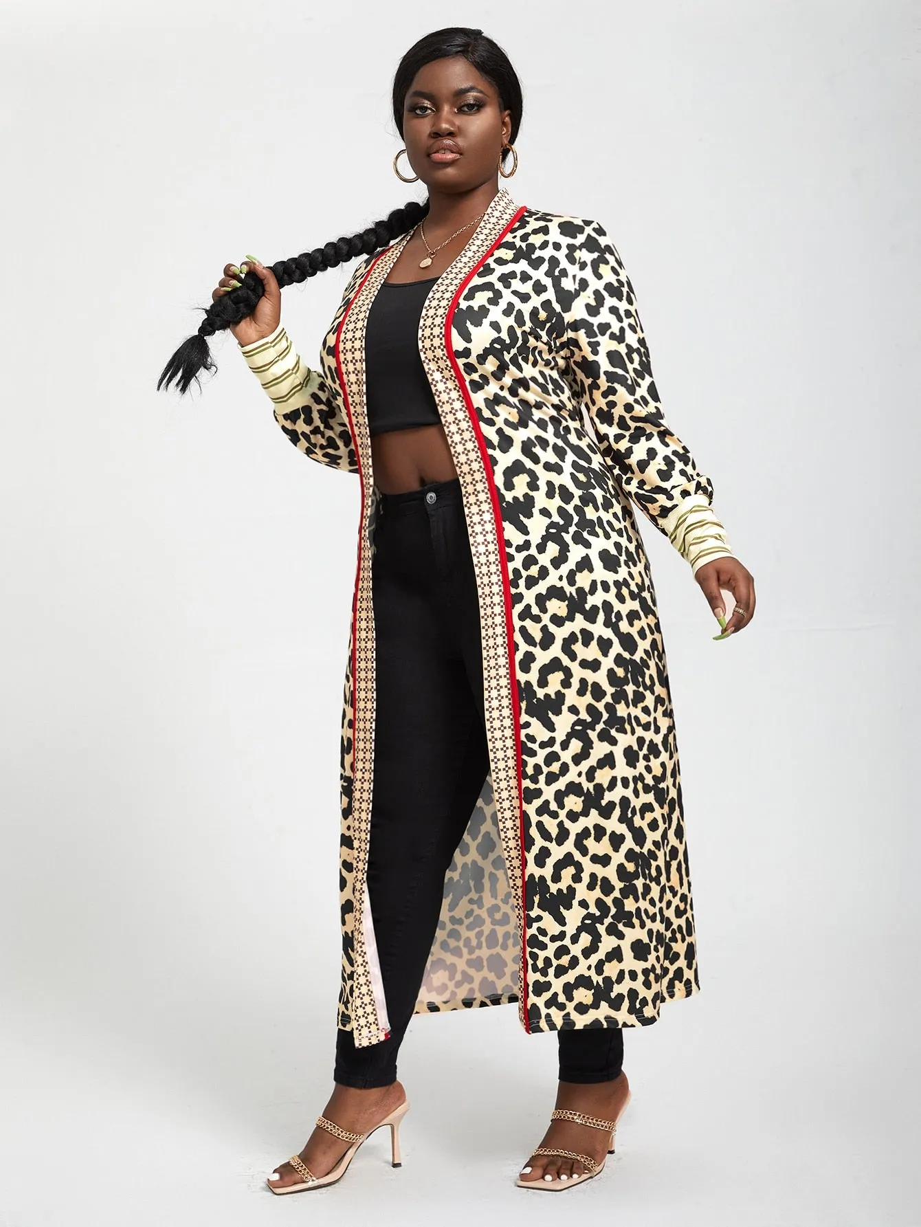 Plus Leopard Print Contrast Trim Coat