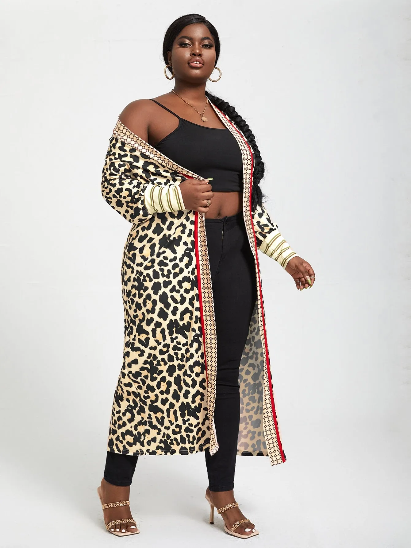 Plus Leopard Print Contrast Trim Coat