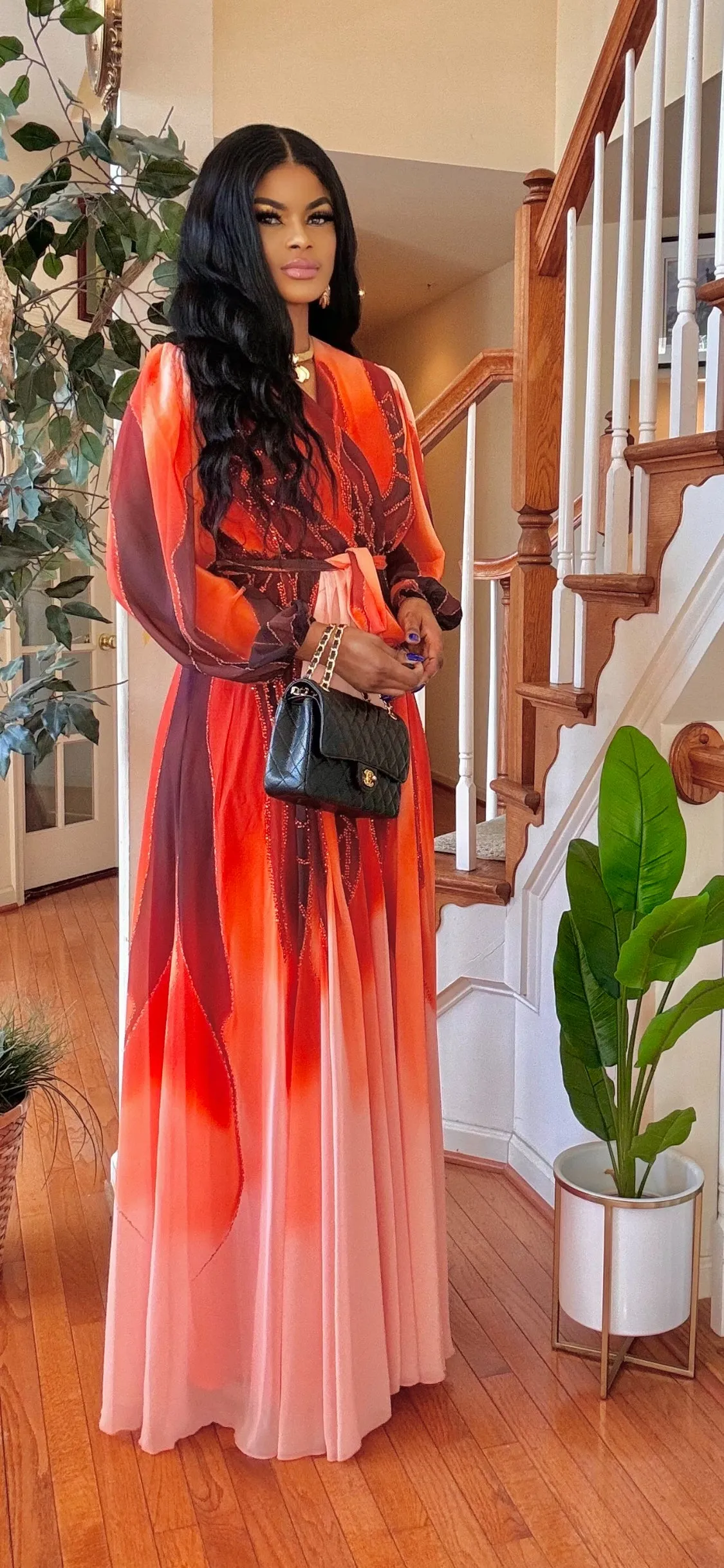 RHINESTONE LONGSLEEVE BELTED MAXI DRESS(ORANGE-PEACH)