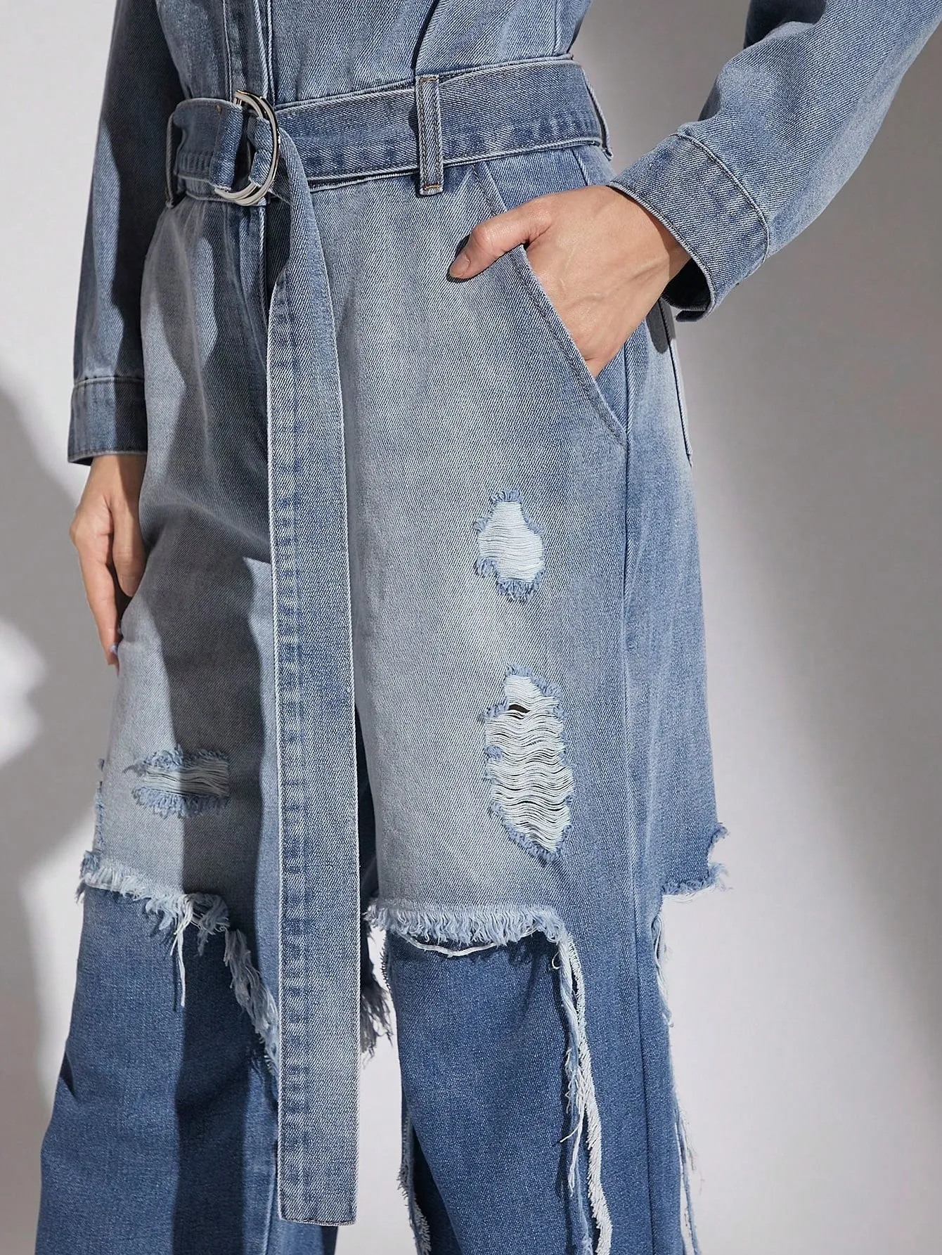 Ripped Belted Denim Jumpsuit