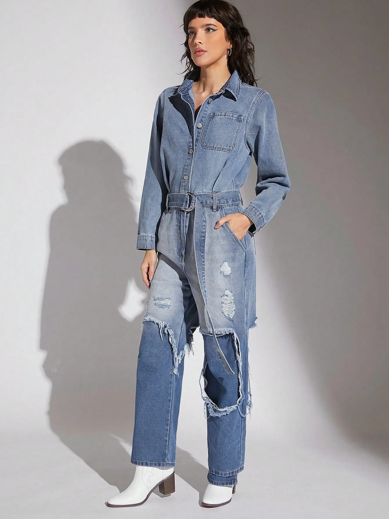 Ripped Belted Denim Jumpsuit